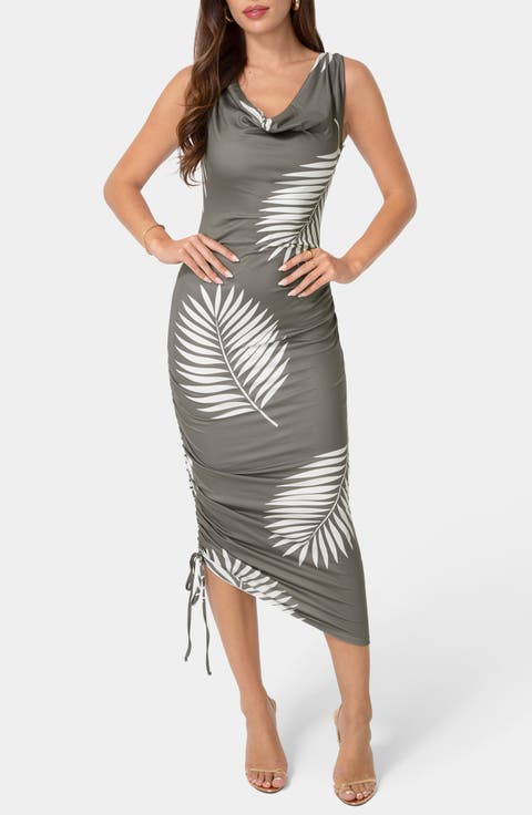 Printed Cowl Neck Midi Dress