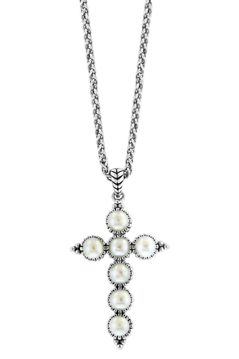 Sterling Silver Freshwater Pearl Cross Pendant Necklace, Main, color, WHITE