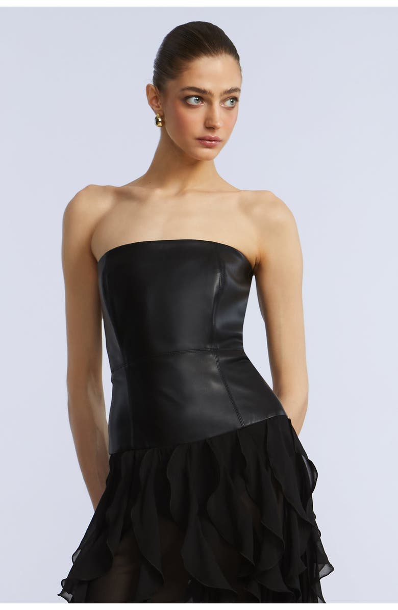 BCBGMAXAZRIA Leather Chiffon Dress, Alternate, color, Black