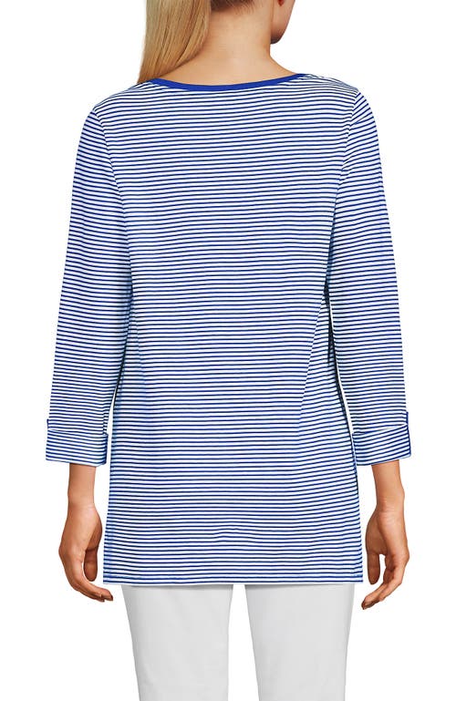 Lands' End Supima Cotton Adjustable 3/4 Sleeve Boatneck Tunic In Cobalt/ivory Micro Stripe