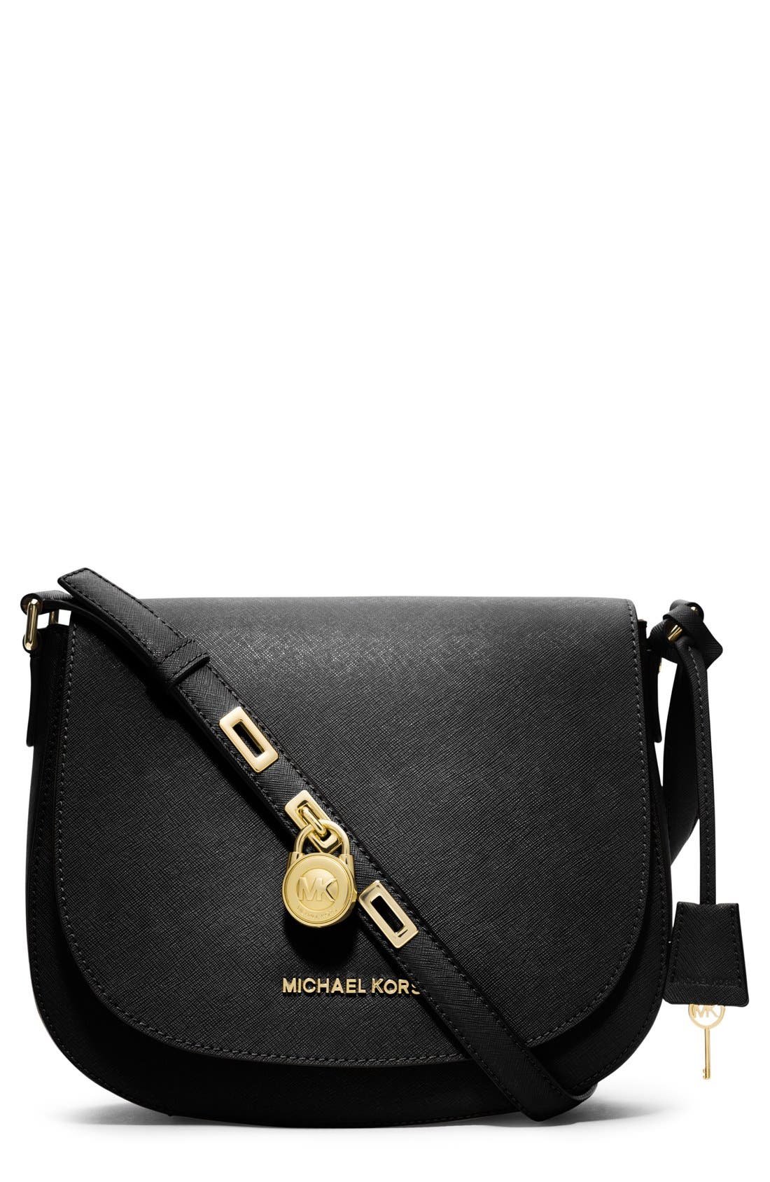 'Large' Saffiano Leather Messenger Bag, Main, color, BLACK