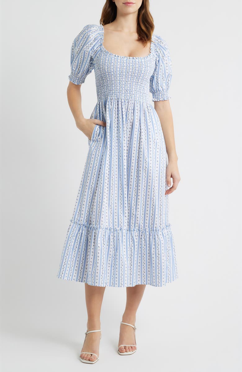 Hill House Home The Louisa Ditsy Floral Midi Nap Dress, Main, color, Petal Stripe Blue