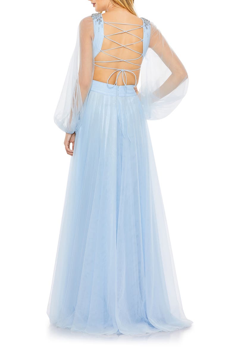 Side Cutout Long Sleeve Lace & Tulle Gown, Alternate, color, ICE BLUE
