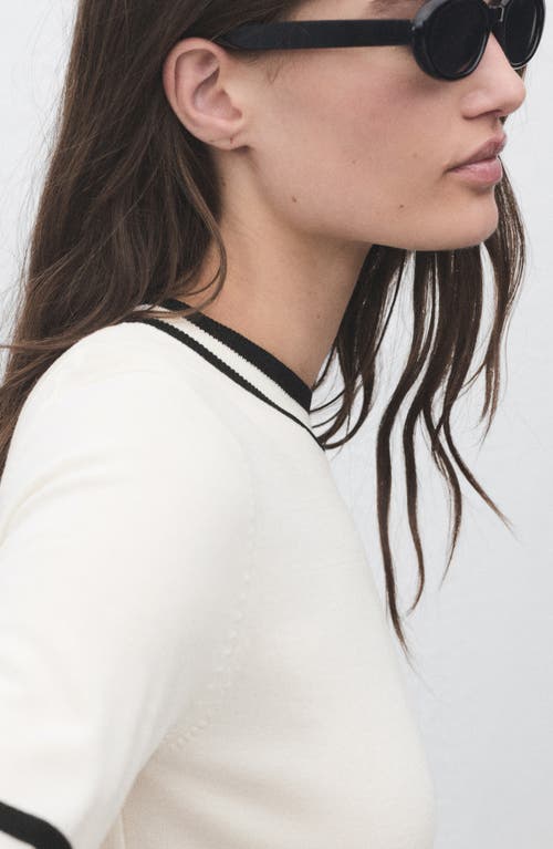 Mango Contrast Stripe Short Sleeve Sweater In White
