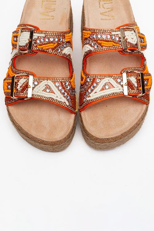 Prologue Shoes Bobby Beaded Straw Platform Slide Sandal In Orange