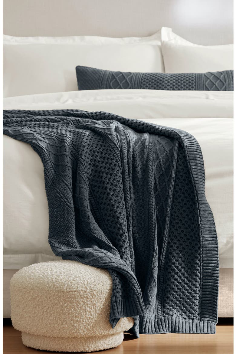 Aran Cable Organic Cotton Knit Throw Blanket, Alternate, color, DEEP BLUESTONE
