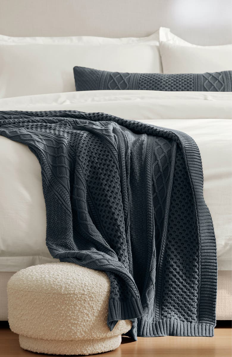 Boll & Branch Aran Cable Organic Cotton Knit Throw Blanket, Alternate, color, Deep Bluestone