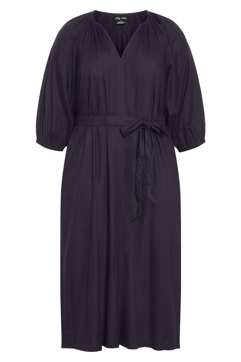 Davina Puff Sleeve Tie Waist Midi Dress, Alternate, color, NAVY
