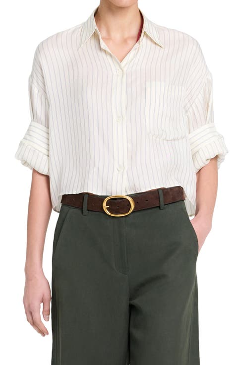 Stripe Elbow-Sleeve Button-Up Shirt