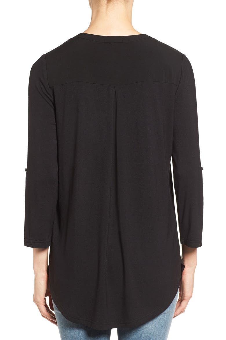 Split Neck Roll Sleeve Tunic, Alternate, color, BLACK
