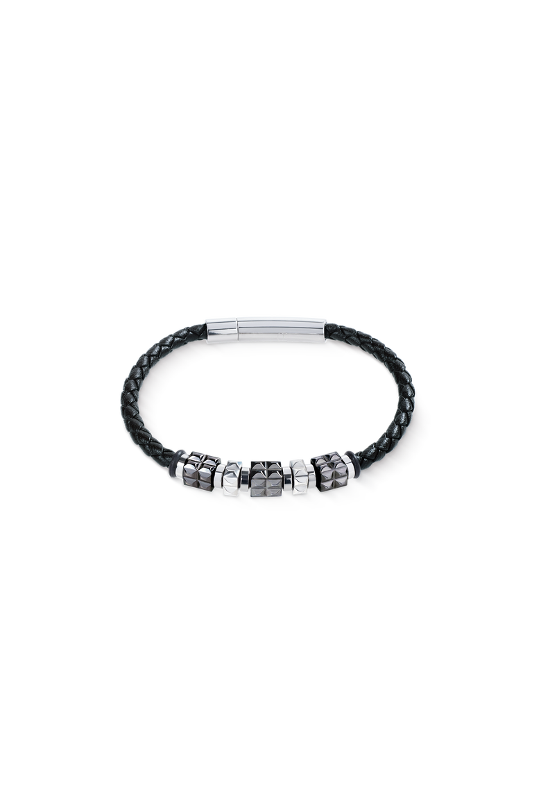 Black Leather Bracelet With Gun Metal Stainless Steel Spikes Cubes, Main, color, Silver