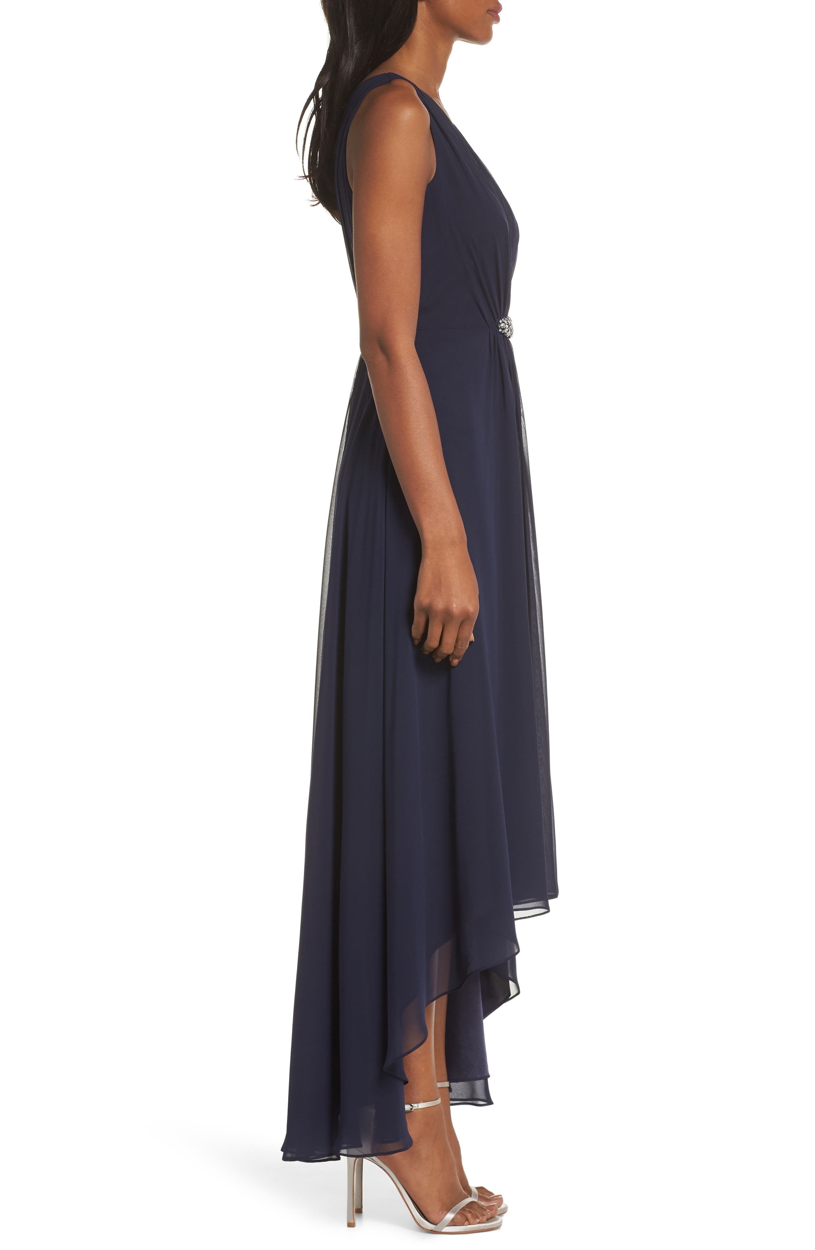 eliza j high low chiffon dress Eliza J Women's Embellished High-Low Gown - Navy
