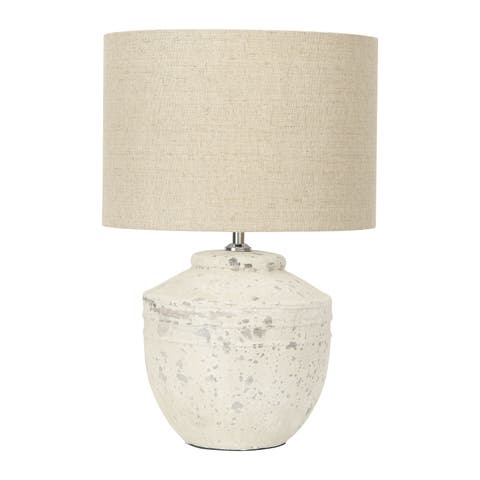 Cement Table Lamp with Linen Shade, Distressed White