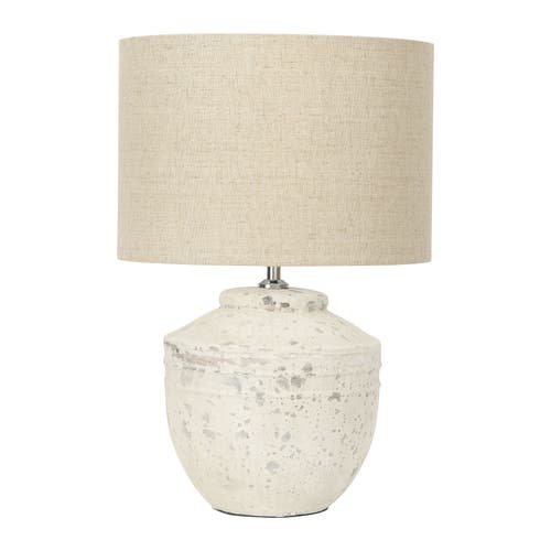 Storied Home Cement Table Lamp With Linen Shade, Distressed White In White