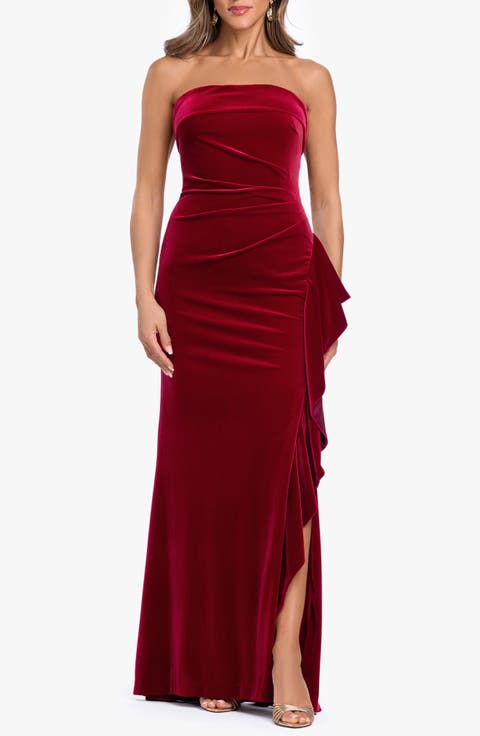 Strapless Ruffle Stretch Velvet Gown