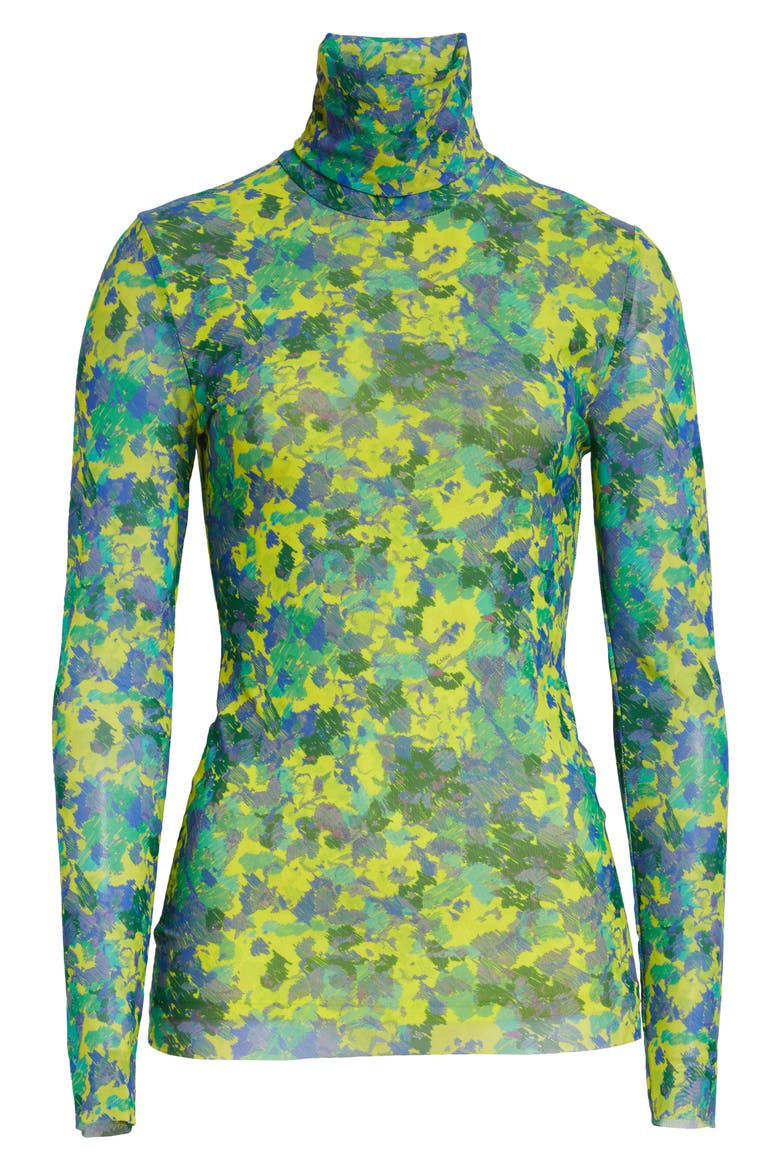 Print Fitted Mesh Turtleneck Pullover, Alternate, color, SULPHUR SPRING