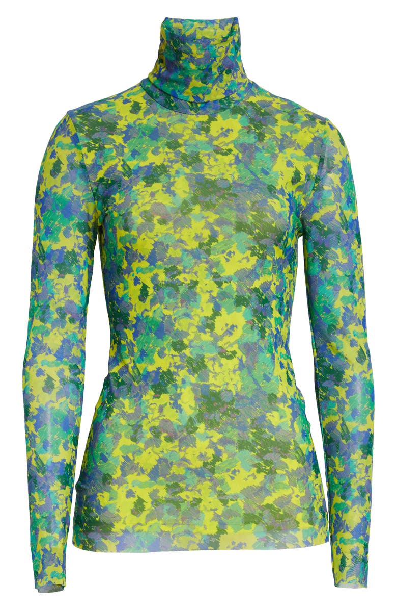 Ganni Print Fitted Mesh Turtleneck Pullover, Alternate, color,