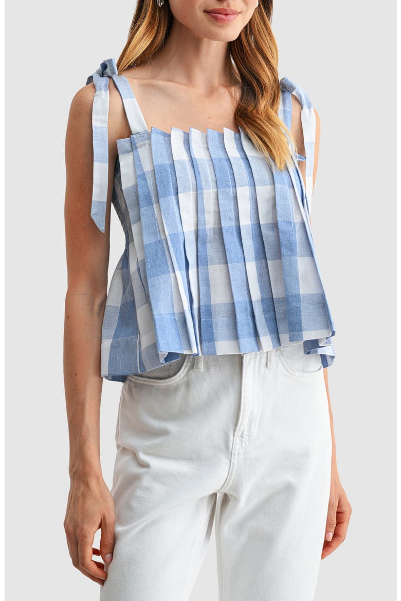 Pleated Gingham Tie Strap Top, Main, color, BLUE GINGHAM