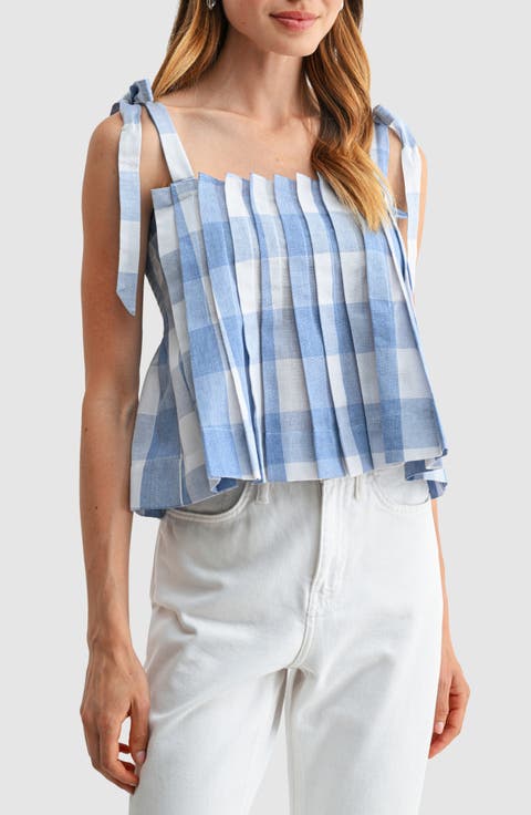 Pleated Gingham Tie Strap Top