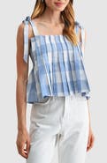 All in Favor Pleated Gingham Tie Strap Top