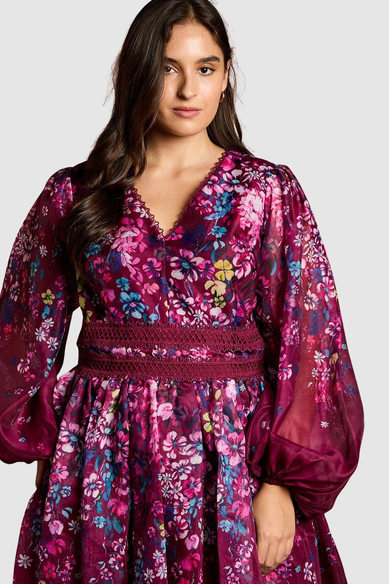 Plus Floral Organza Midaxi Dress, Alternate, color, Plum