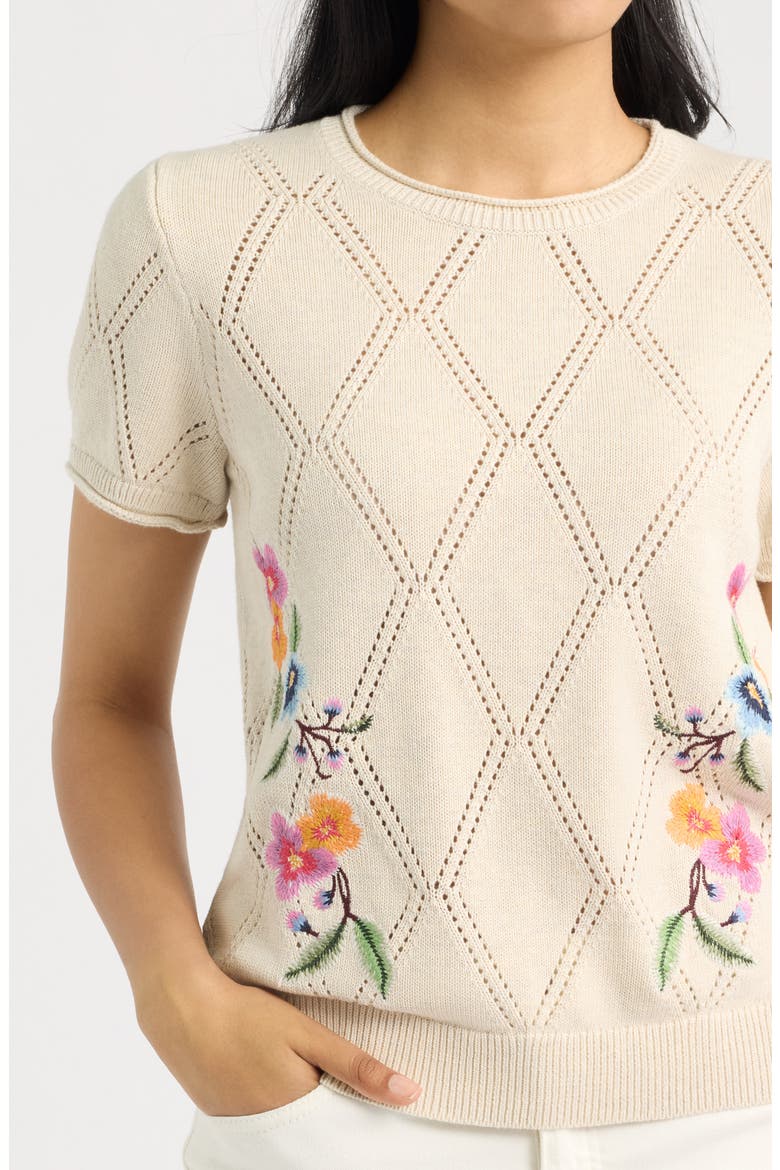 Diamond Stitch Floral Embroidered Sweater, Alternate, color, COCONUT HEATHER