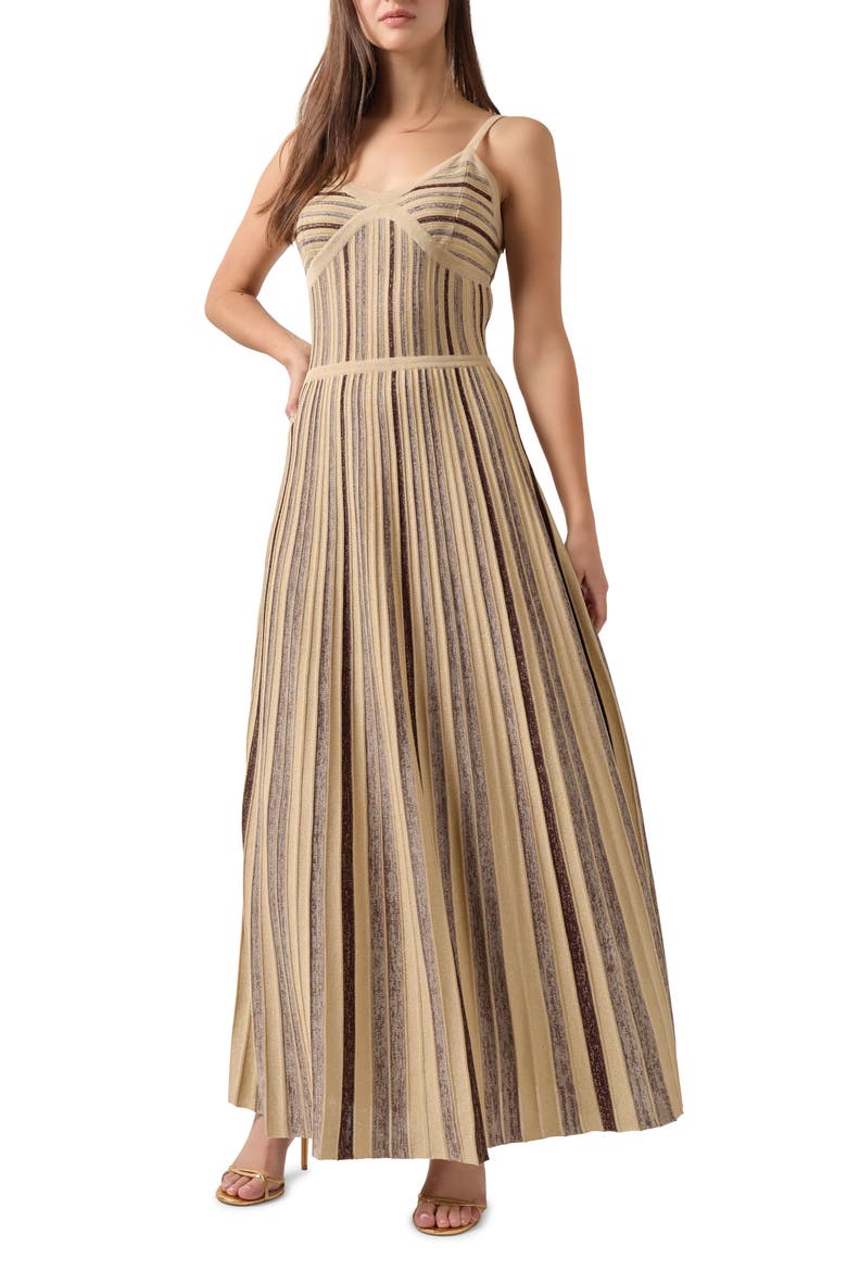 Metallic Stripe Fit & Flare Maxi Sweater Dress, Main, color, BISCOTTI/MAHOGANY/GOLD