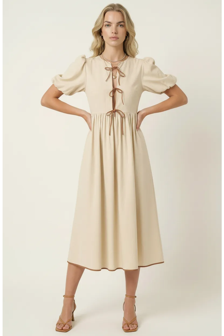 Midi Puff Sleeve Dress with Contrast Ties and Hemline Trim, Alternate, color, Off-white / Cream
