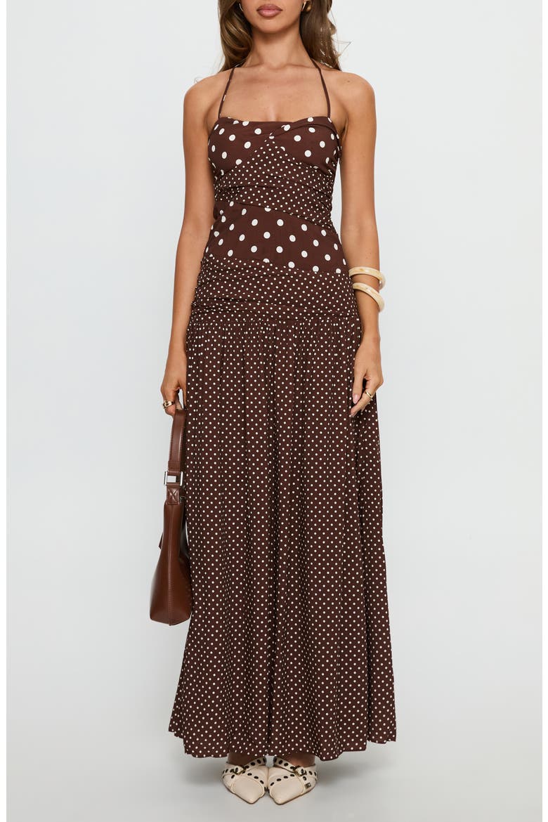 Marguerite Halter Dot Print Maxi Dress, Main, color, BROWN POLKA DOT
