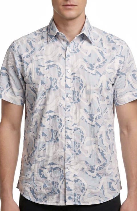 Abstract Print Short Sleeve Seersucker Button-Up Shirt