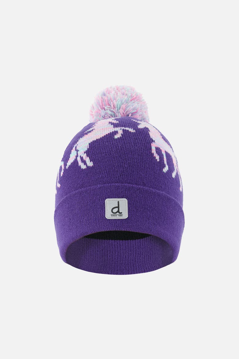 Winter Unicorn Rolled Cuff Pompom Knit Hat, Main, color, Purple and Blue