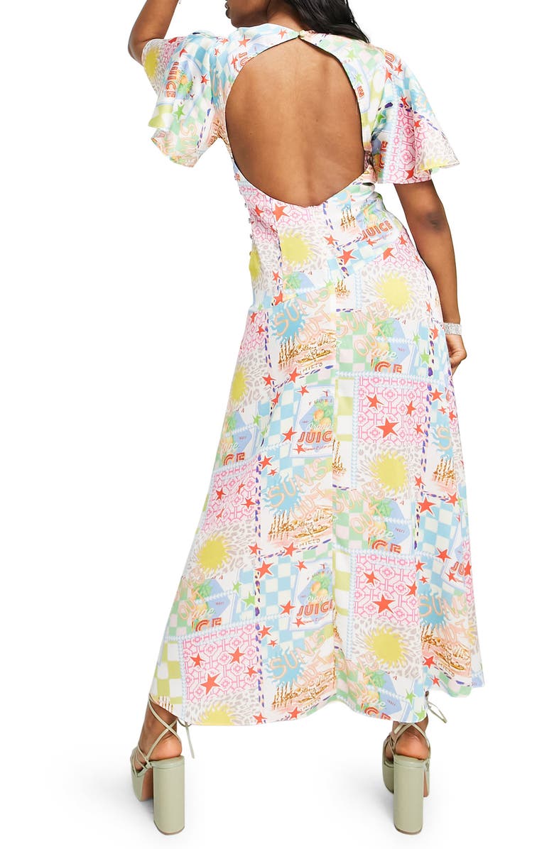 ASOS DESIGN Bright Postcard Print Open Back Maxi Dress, Alternate, color, 