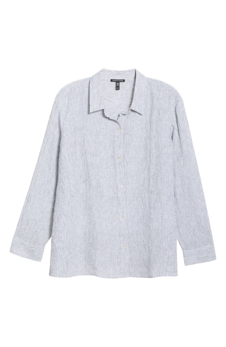 Eileen Fisher Classic Stripe Linen Button-Up Shirt, Alternate, color, White/ Black