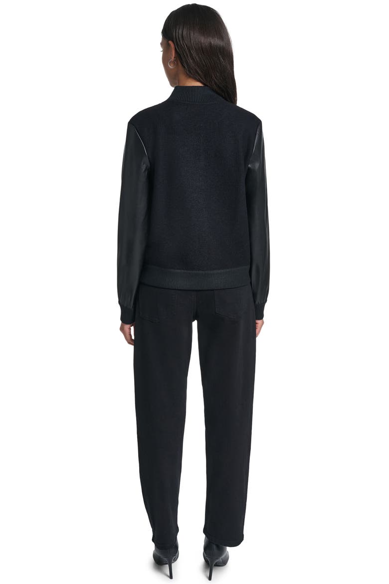 Karl Wool Blend Varsity Jacket with Faux Leather Sleeves, Alternate, color, BLACK