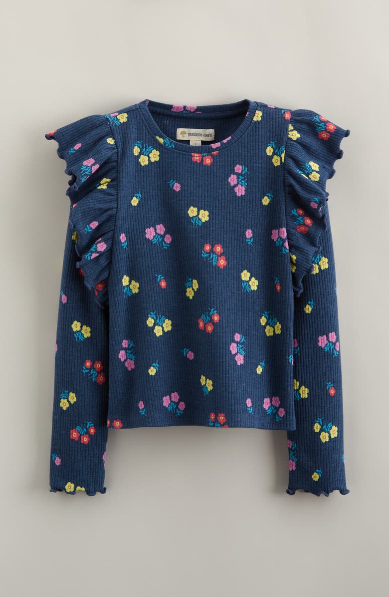 Tucker + Tate Kids' Ruffle Sleeve Rib Top, Main, color, Navy Denim Chessie Floral