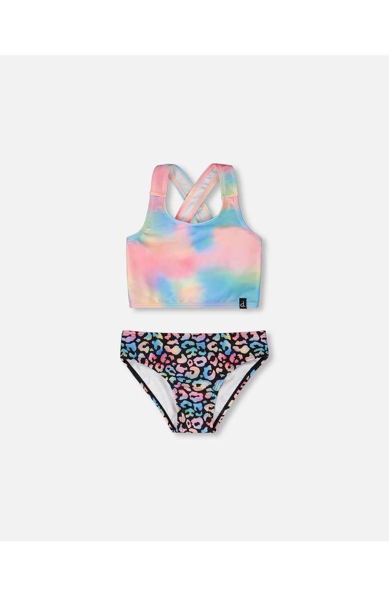 Deux par Deux Two-Piece Crossed Straps Sporty Crop Top Swimsuit, Main, color, Multicolor
