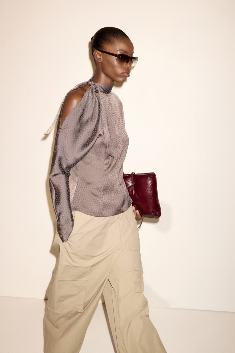 Jacquard-weave Bow-collar Blouse, Alternate, color, Dark taupe/dotted