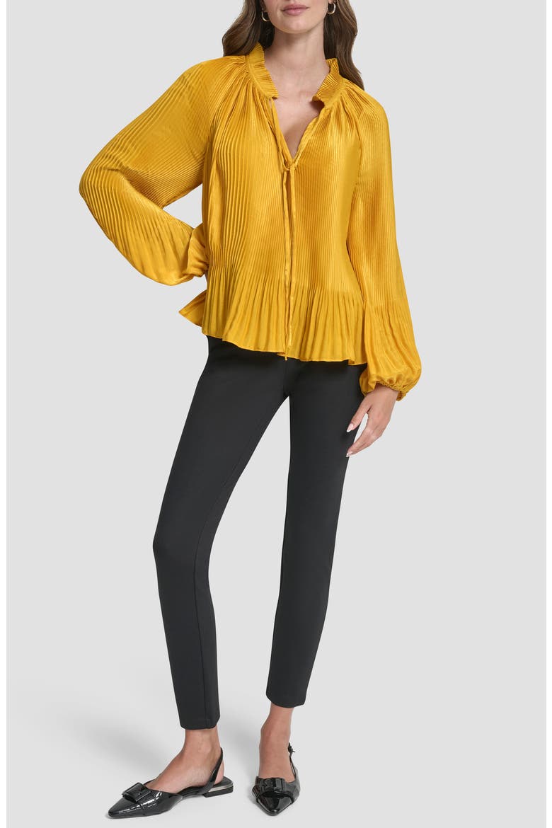 Pleated Tie Neck Satin Top, Alternate, color, SUNSET YELLOW