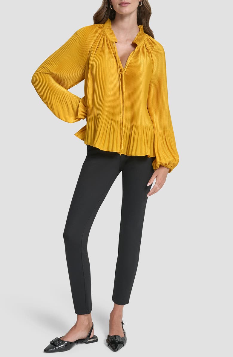 DKNY Pleated Tie Neck Satin Top, Alternate, color, Sunset Yellow