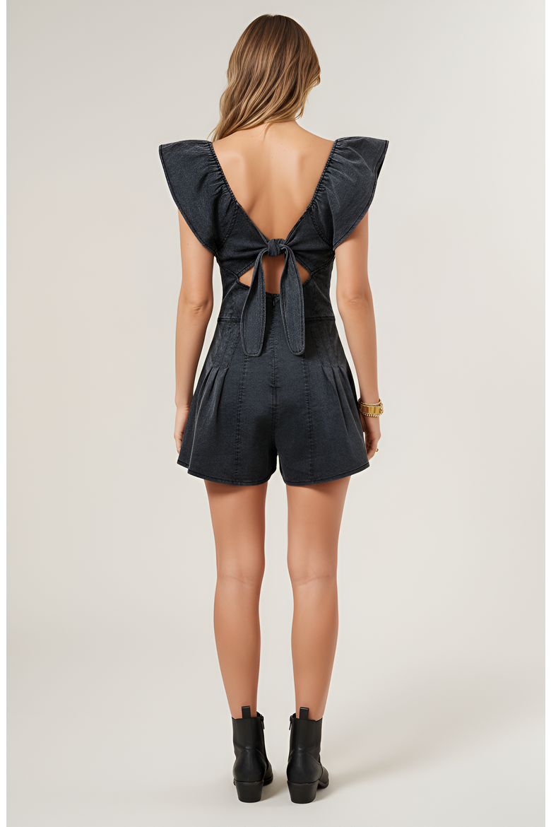 Structured Zip Front Romper with Flutter Sleeves and Pleated Detail, Alternate, color, Gray