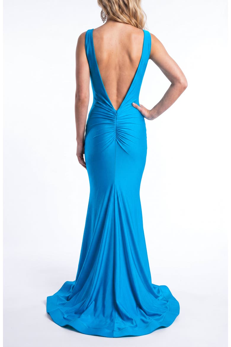 Plunging Low-Back Mermaid Evening Gown With Train, Alternate, color, Turquoise