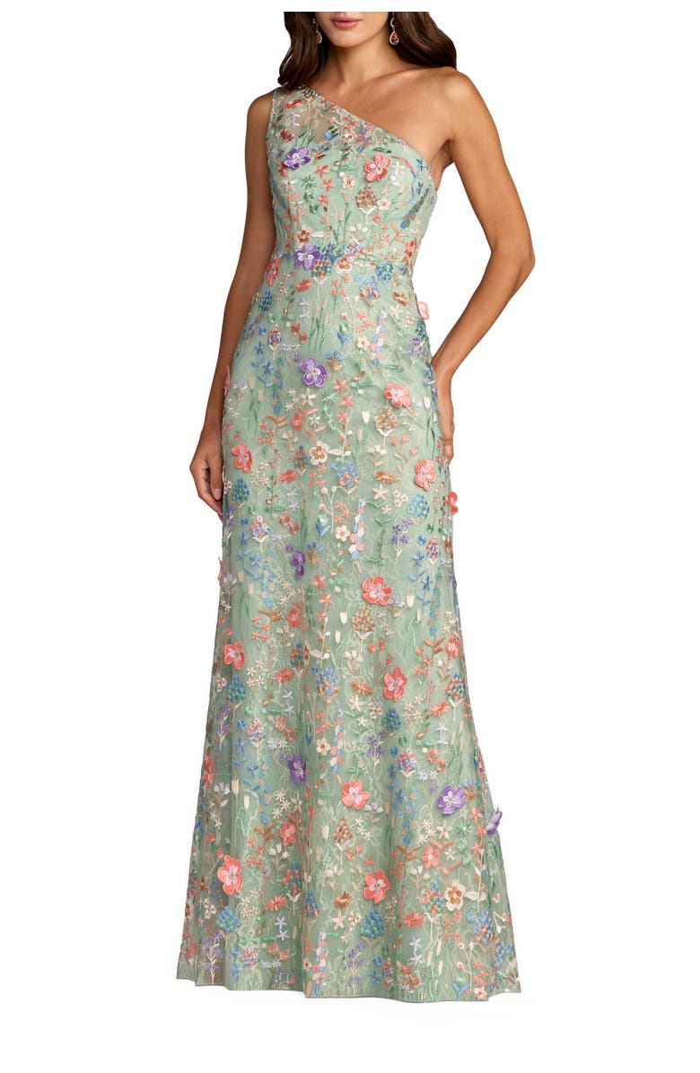 Mac Duggal Petite One Shoulder Lace Embroidered Gown, Main, color, Sage Multi