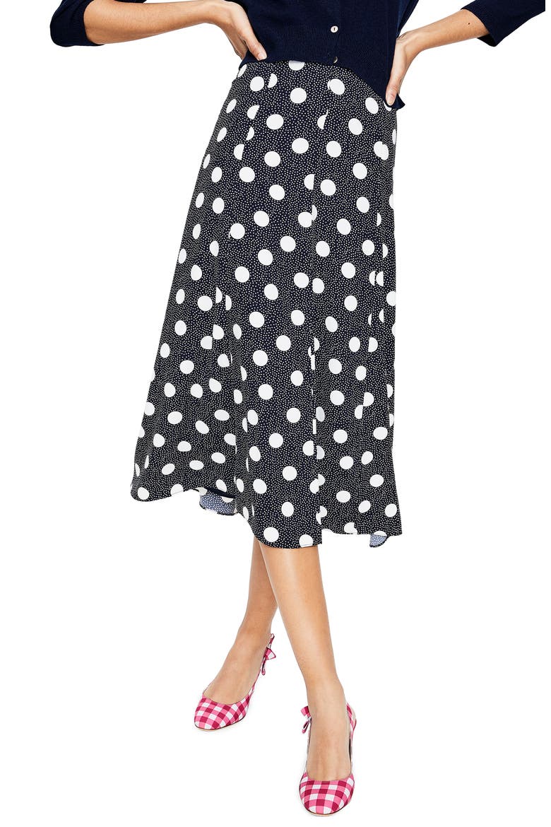 Floaty Polka Dot Midi Skirt, Main, color, NAVY SPOT ON SPOT