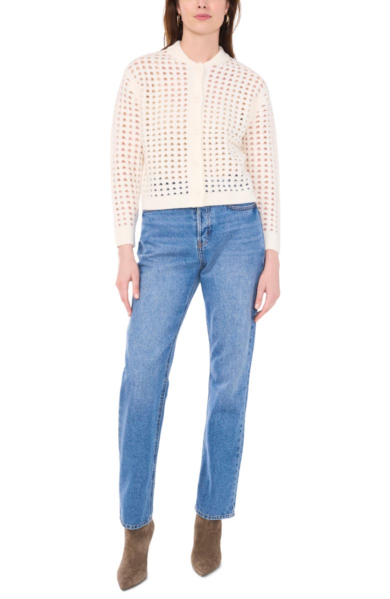 Vince Camuto Pointelle Crewneck Cardigan, Alternate, color, Antique White