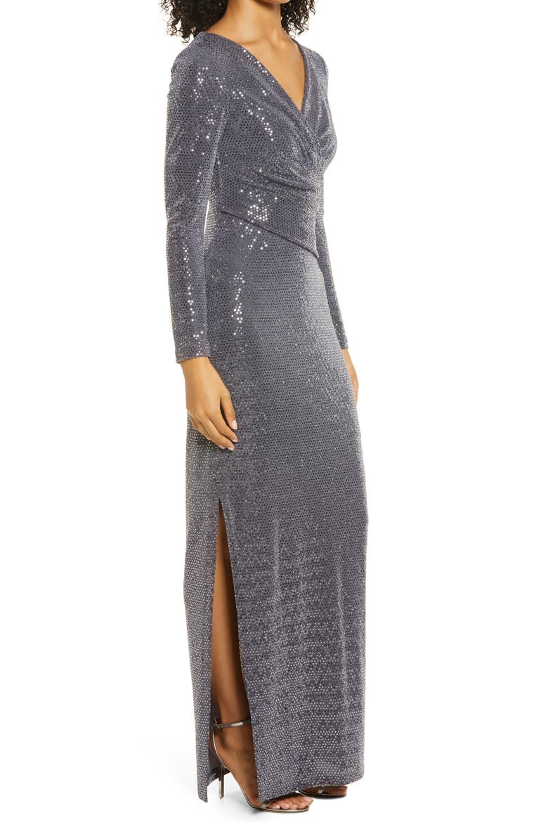 Sequin Wrap Front Long Sleeve Gown, Alternate, color, GUNMETAL