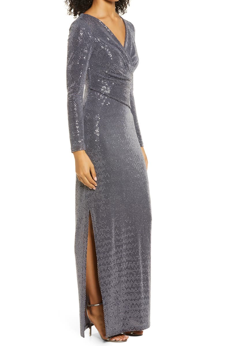 Eliza J Sequin Wrap Front Long Sleeve Gown, Alternate, color, 