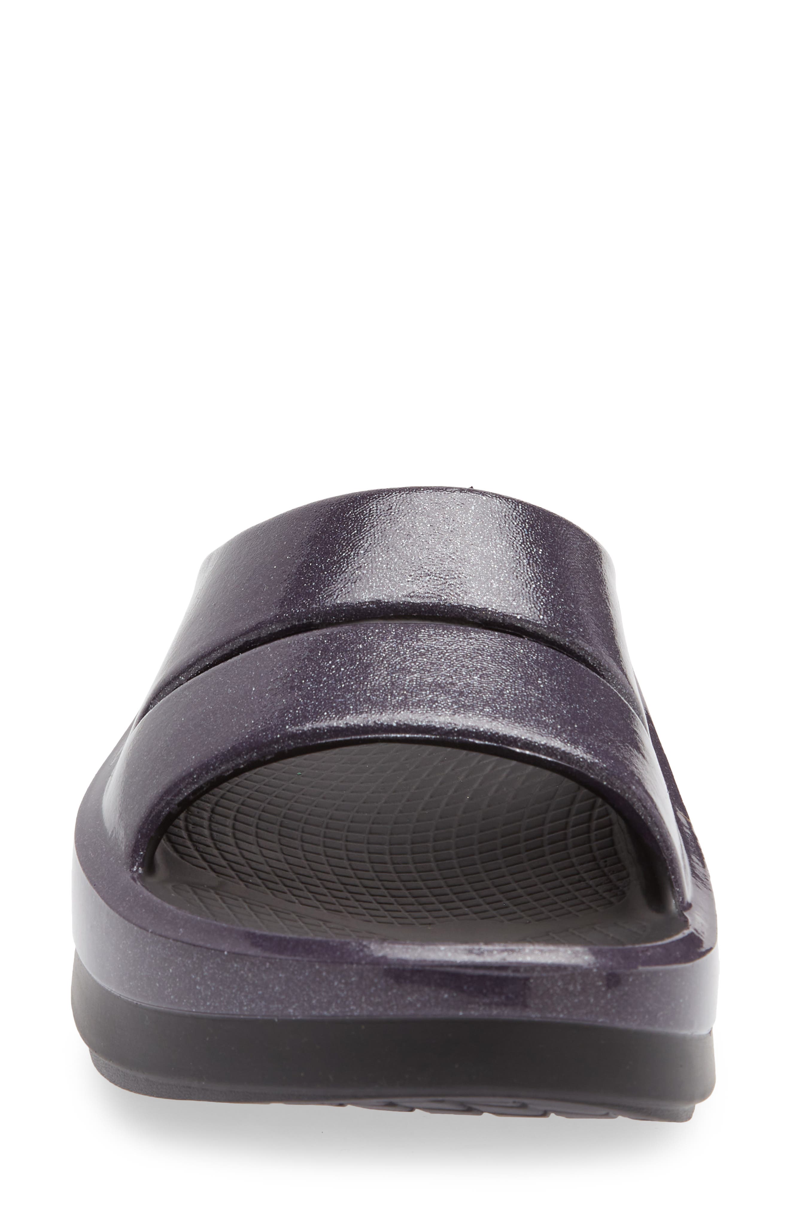 Oofos OOmega OOahh Slide Sandal, Alternate, color, Black/ Amethyst Sparkle