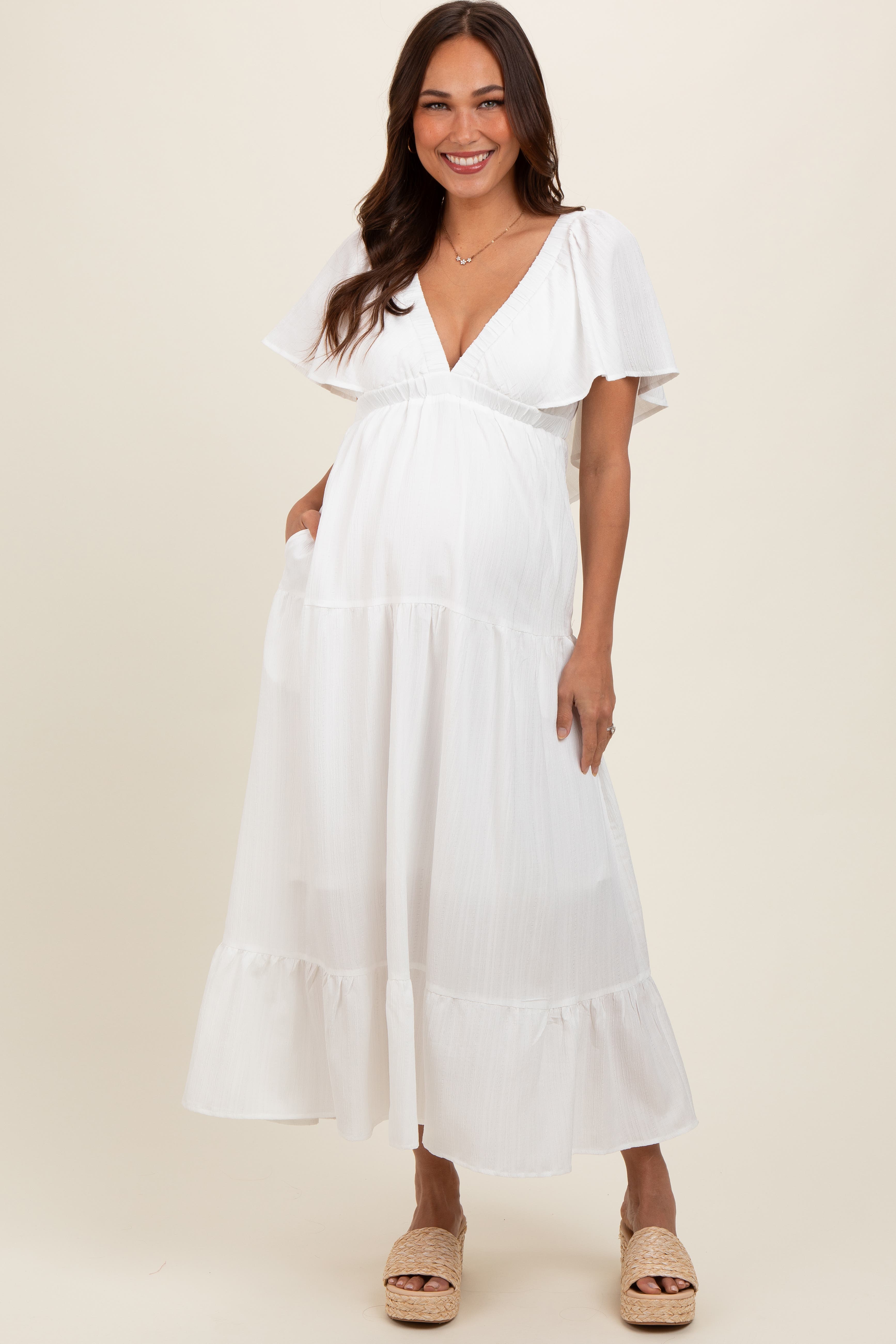 Deep V-Neck Flutter Sleeve Tiered Midi Dress