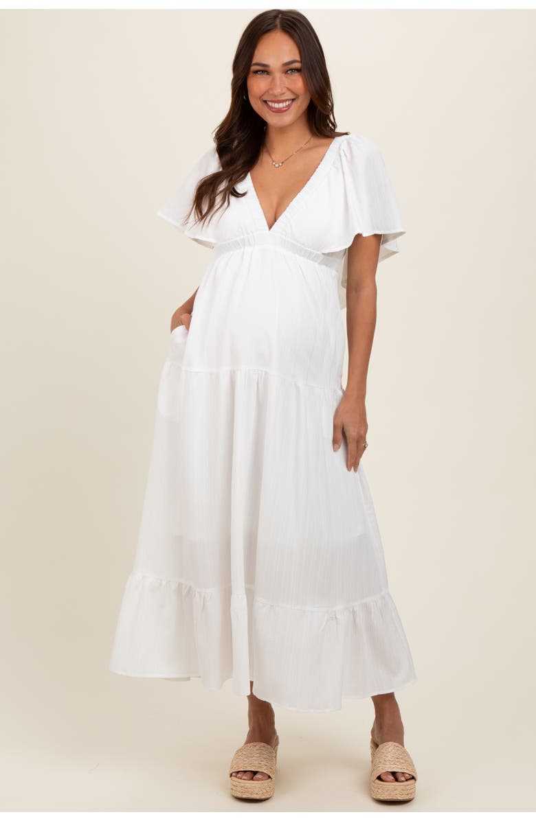 PinkBlush Deep V-Neck Flutter Sleeve Tiered Midi Dress, Main, color, Ivory