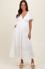PinkBlush Deep V-Neck Flutter Sleeve Tiered Midi Dress